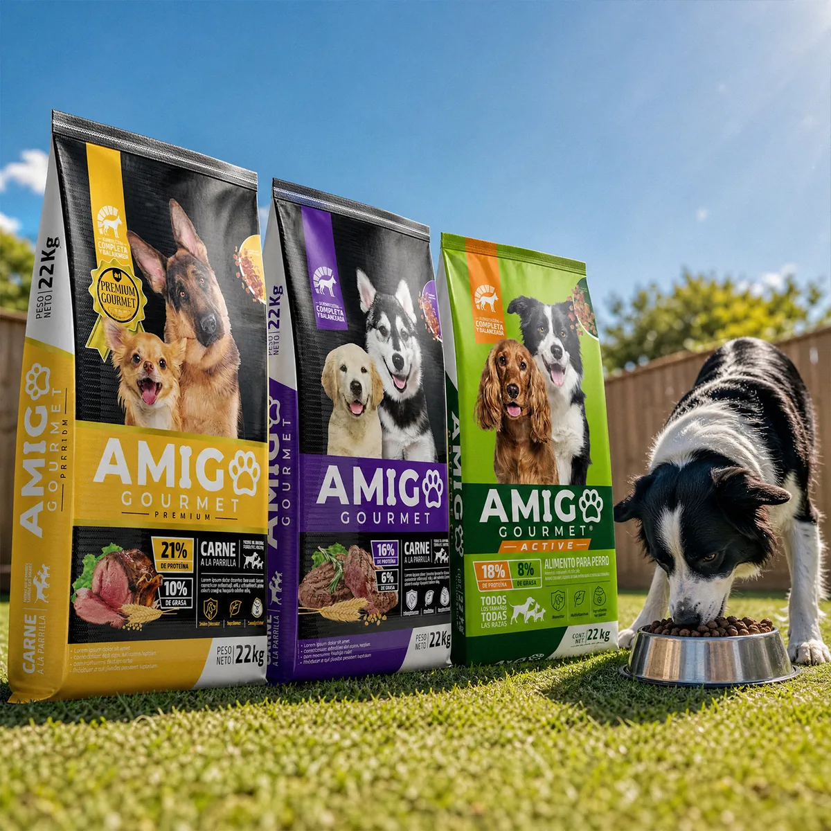 Branding y packaging AMIGO Gourmet para alimento seco y húmedo de perros.